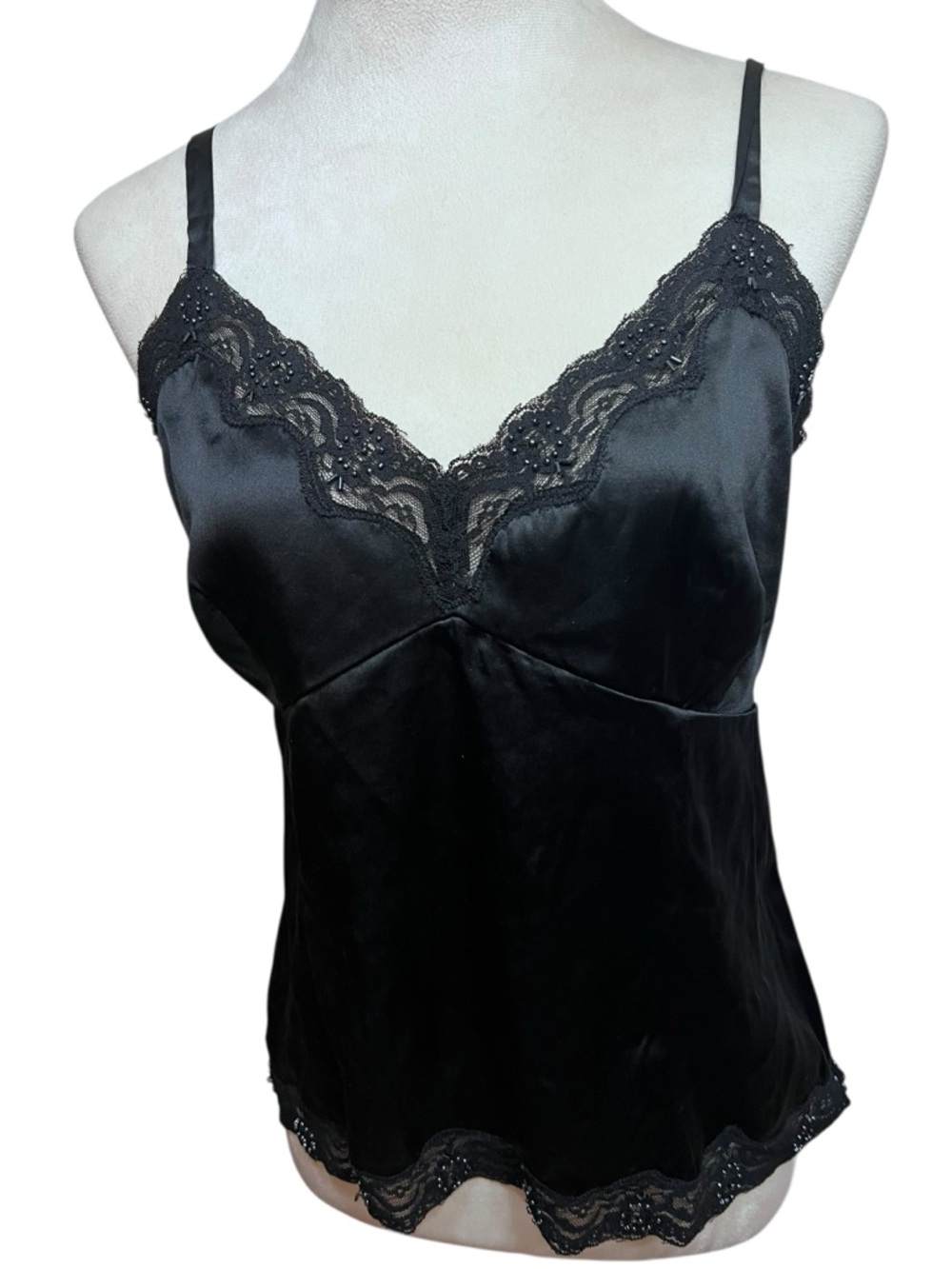 Contex 100% Silk Babydoll Camisole | Size 12 Black Lace Beaded Y2K Going Out Top